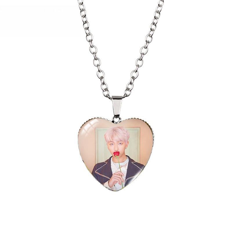 BTS Heart Pendant Necklace, Bangtan Boys Group Photo Pink Flower Field Photo Necklace, Kpop ARMY Fans Jewelry Gift