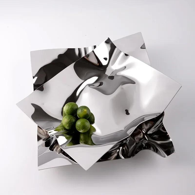 Creative Irregular Shape Stainless Steel Fruit Plate Metal Light Luxury Wavy Tray Jewelry Storage Tray Home Decoration Ornaments