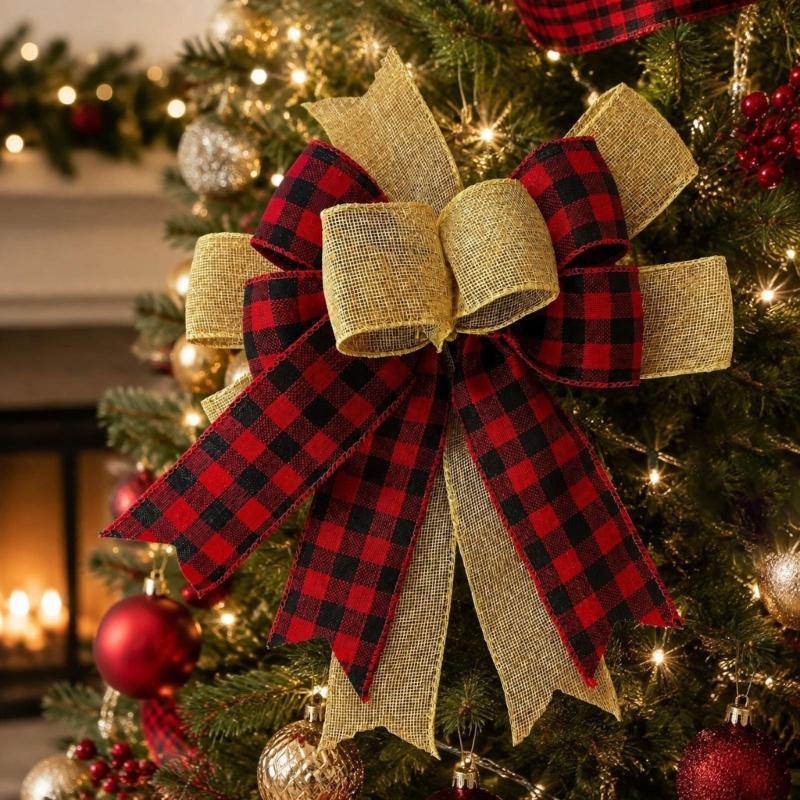 Layered Christmas Bowknot Set, 2-Pack Polyester Patterned Decorations with Concealed Back Tie for Wreaths, Gifts, and Mantels
