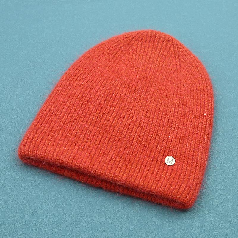 Angora Rabbit Fur Winter Woman Hat Cashmere Skullies Beanies Soft Solid Warm Fluffy Thick Sequins Knitted Hat Gift Wholesale