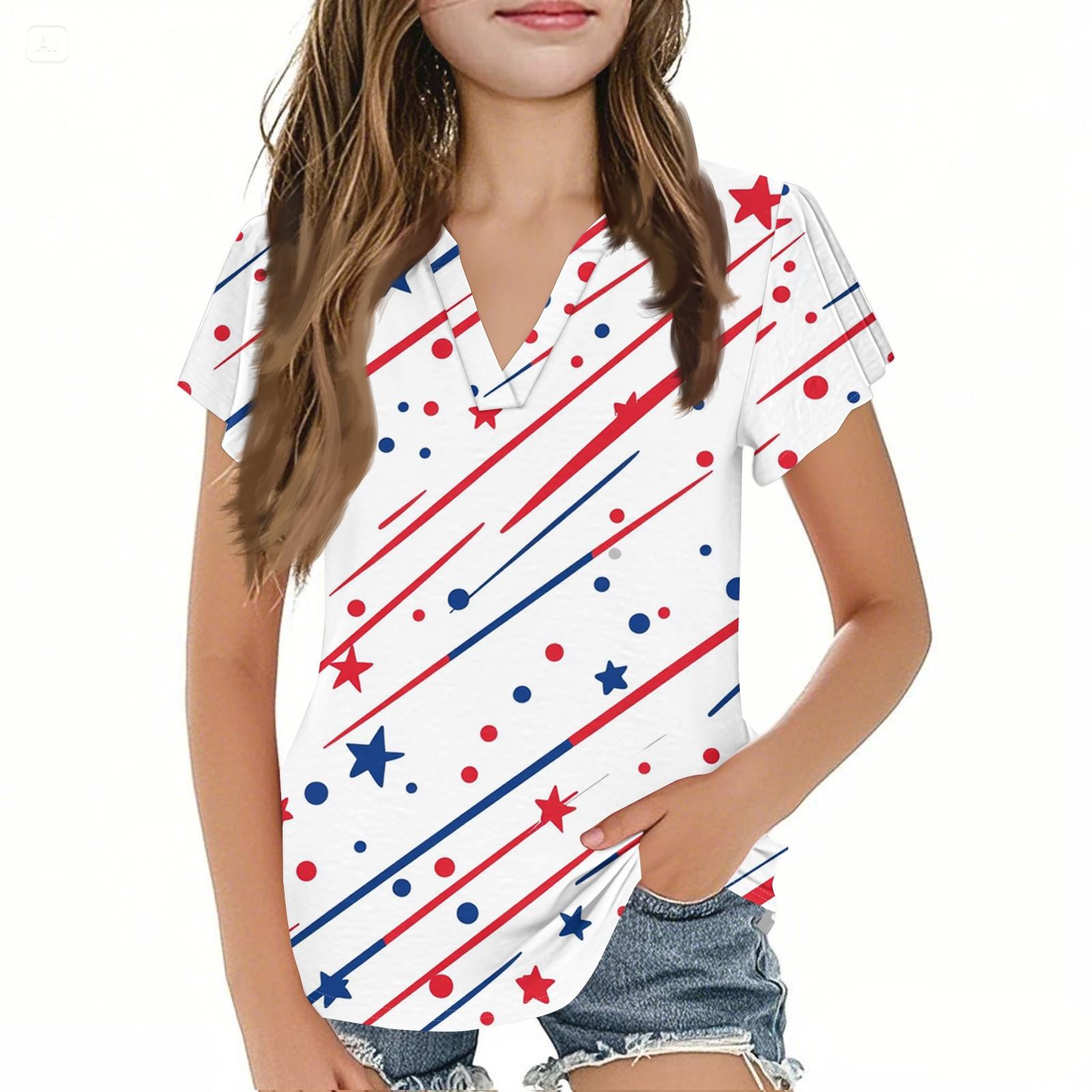

Summer Children s Casual Fashion Short-Sleeved V-Neck Independence Day Girls Top 140 білий