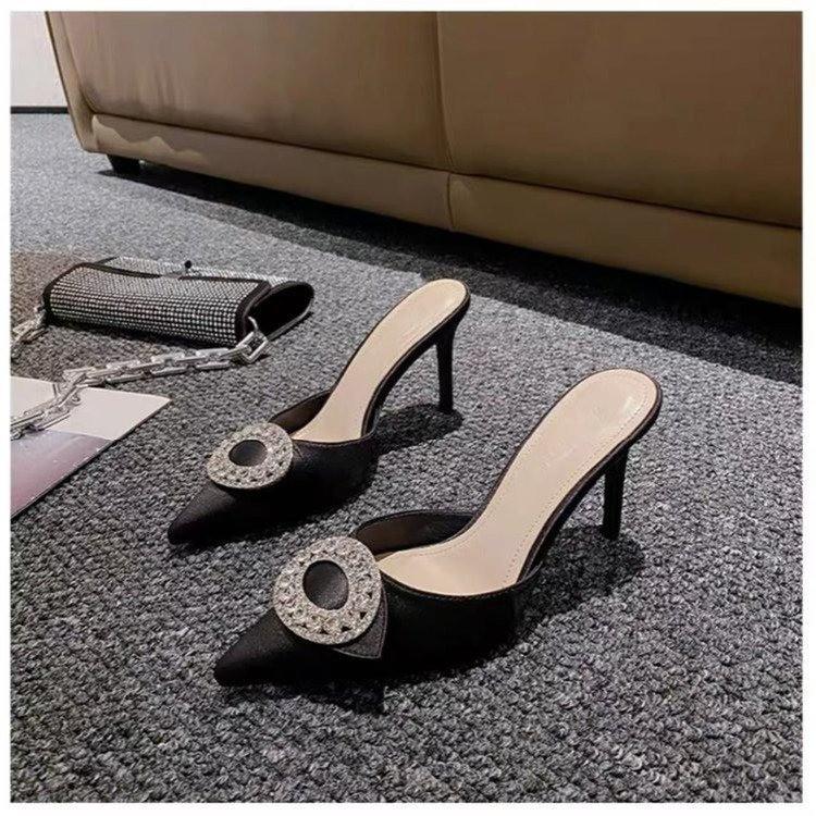 High-heeled Half Slippers 2025 New Versatile Pointed Rhinestone Buckle Stiletto Sandals Internet Celebrity Fairy Wind Bag Head Drag Girl