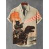 Modisches Herren Sommer Hawaiianhemd Vintage Kalligraphie Katze Dinosaurier 3D Druckhemd Kurzarm Lässige Strandhemden
