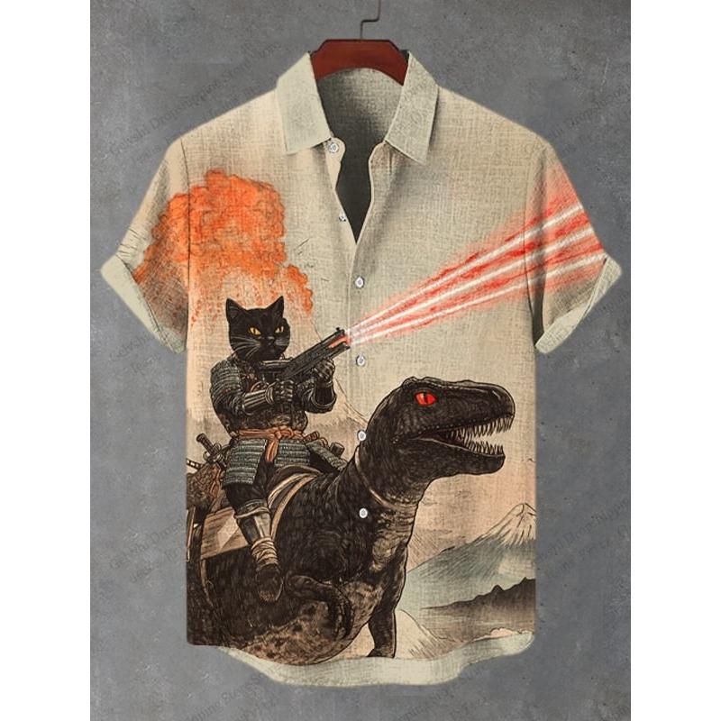 Modisches Herren Sommer Hawaiianhemd Vintage Kalligraphie Katze Dinosaurier 3D Druckhemd Kurzarm Lässige Strandhemden