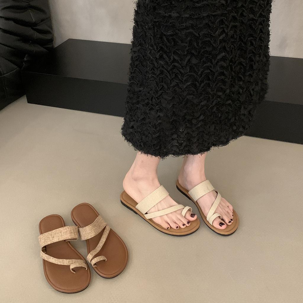 Flat-bottomed linen slippers women's shoes outer wear 2025 new summer jacket toe sandals holiday beach seaside sandals