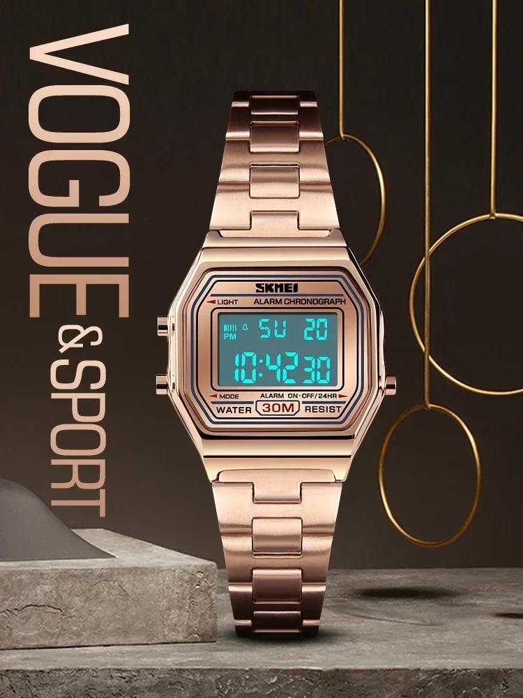 SKMEI 1415 Luxury Clock Sports Watch for Women Retro Digital Stainless Steel Electron Waterproof Wristwatches 1123 Relojes Mujer