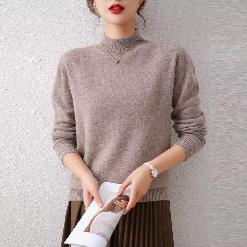 Women's Autumn/Winter Wool Sweater - Half-High Round Neck, Warm Knit Pullover, Ideal Base Layer