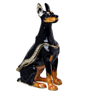 FJ FENGZHIJIE Doberman Dog Figurine Jewelry Box with Hand-Painted Details and Hinged Lid, Golden Crystal Enamel, Animal Keepsake, Special Occasion Gif