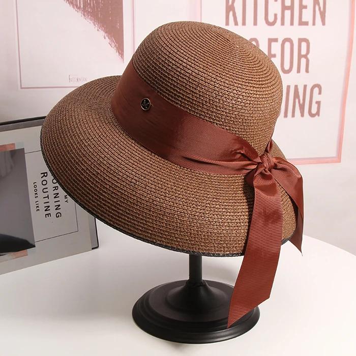 

2025 Elegant Hepburn Women Beach Sunshade Sun Hat Fashion Summer Retro Designer Travel Sunscreen Hat Bow Fisherman Hat sale 55-58cm темно-коричневого кольору