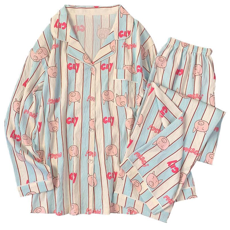 Polyamide Striped Pig Pajamas Women'S Spring And Autumn Cloud Cotton Long Sleeve Sweet Girl Loungewear