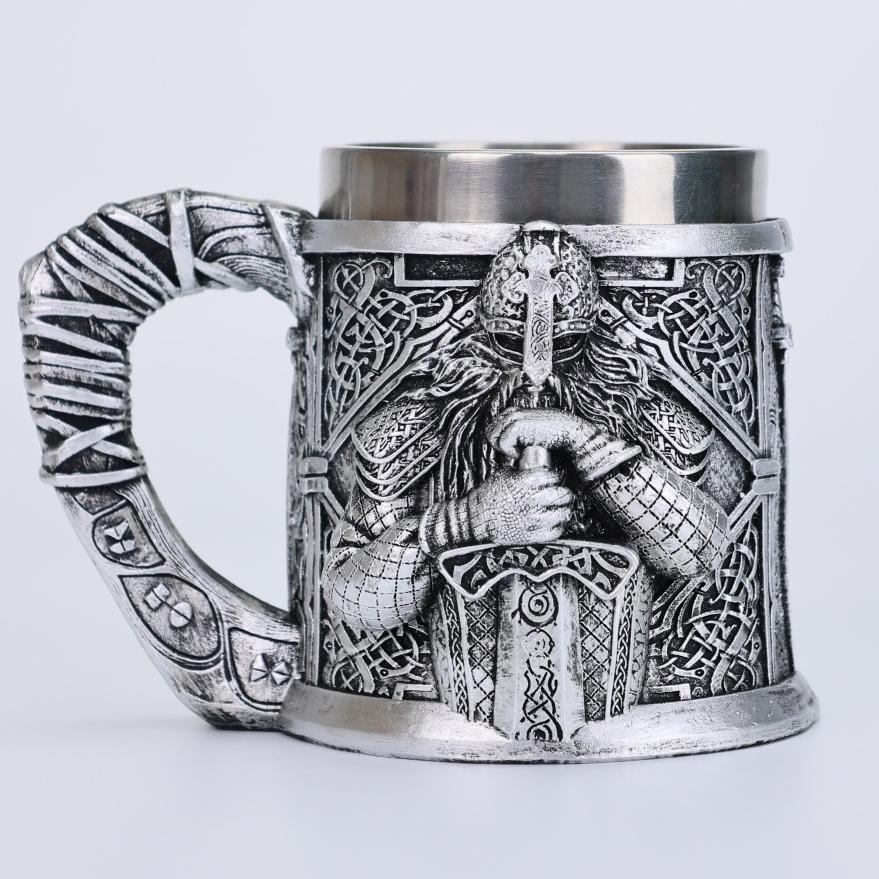Valhalla Viking Stainless Steel Nordic Viking Barrel Dragon Boat Warrior Horn Skull Beer Mug Tankard Stein Cup 400 ml 201-450ml