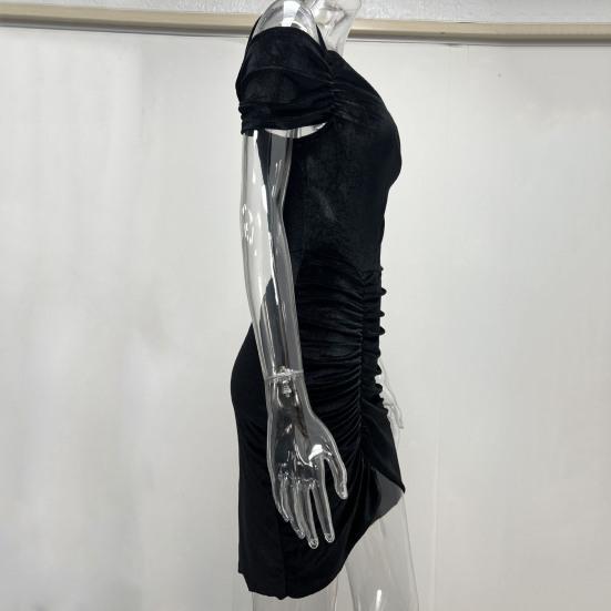 Regulowana chusta asymetryczna lamówka z krótkim rękawem Hip Wrap kobiety sukienka z odkrytymi ramionami Ruched aksamitna obcisła sukienka Streetwear