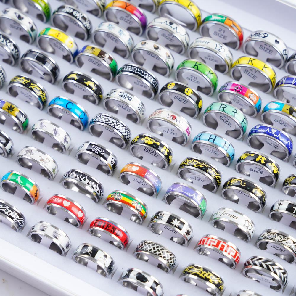 10/20/30/50Pcs Classic Fashion Stripe Hollow Colorful Sticker Stainless Steel Ring Trend Women Jewelry Party Decoration Gift