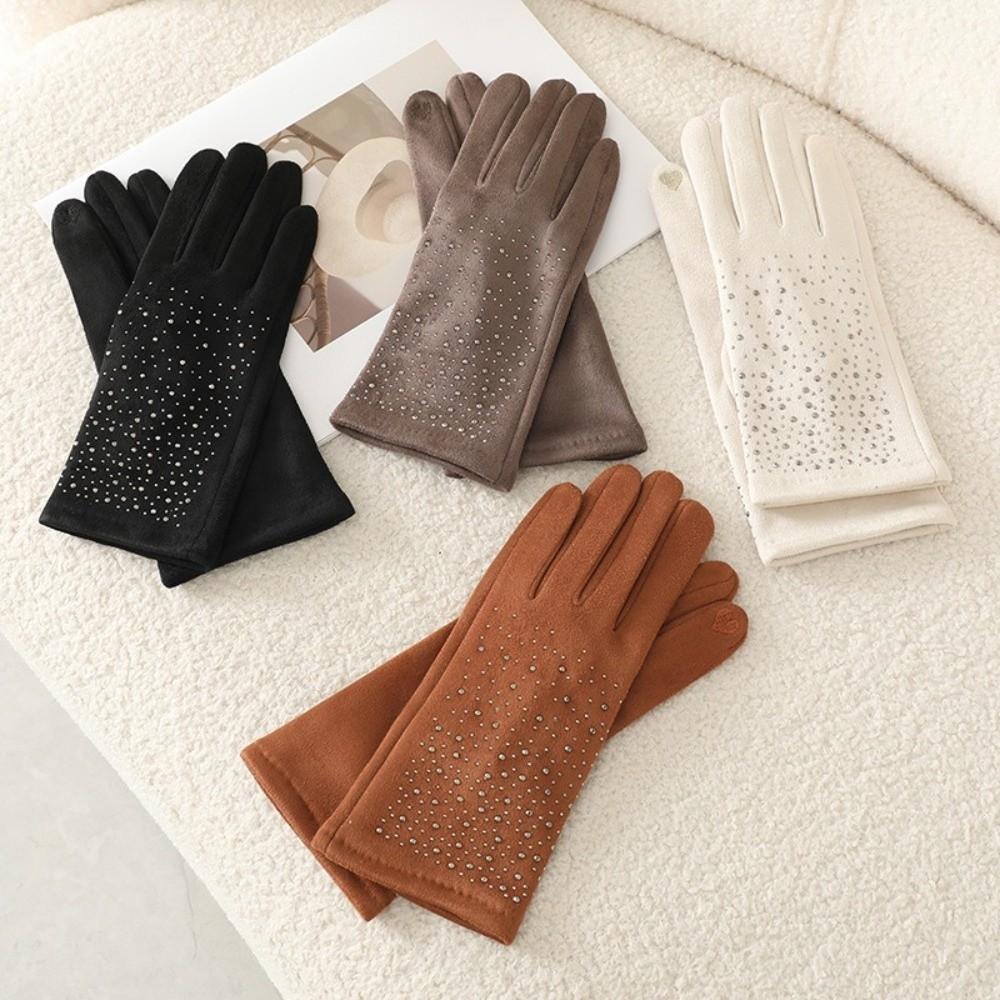 Fashion Elegant Suede Gloves Windproof Elasticity Hot Diamonds Gloves Thickened Warm Touch Screen Gloves Autumn Winter for Women