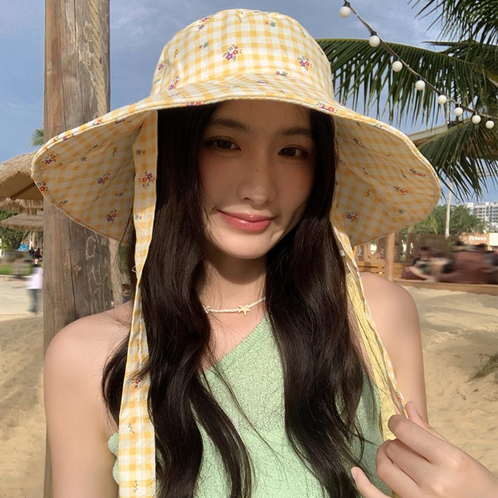 Sweet Lace-up Bucket Hat Wide-edged Lightweight Fisherman Hat Contrasting Color Double-sided Plaid Sunscreen Hat Women жёлтый