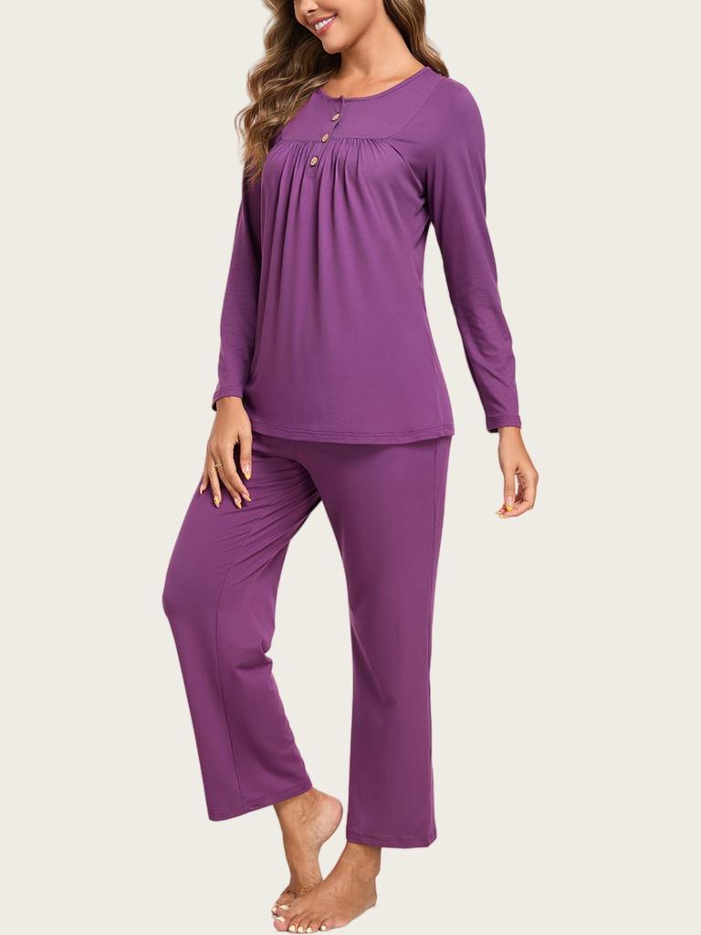 European & American Women's Fashion: Autumn 2025 2-Piece Pajama Set – Casual Long Sleeve Top & Pants with Pockets