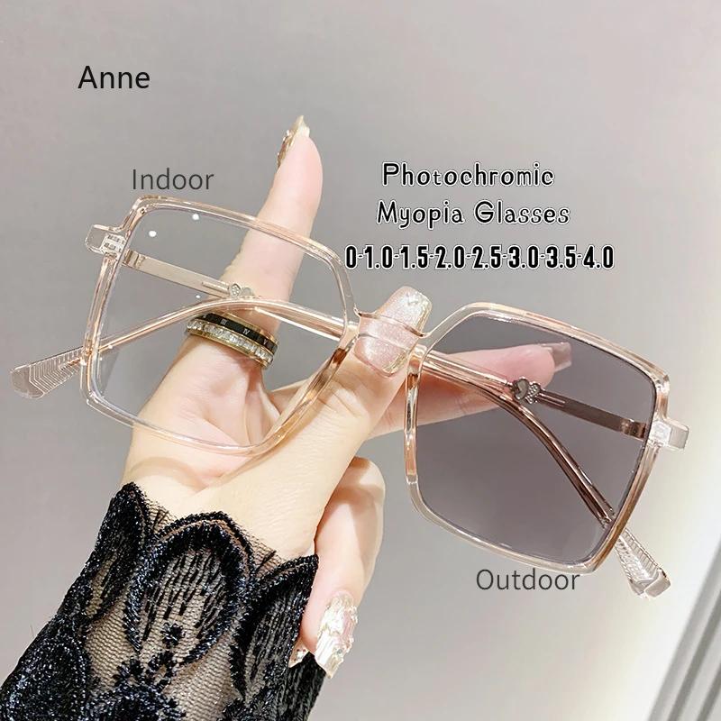 Fashion Square Frame Photochromic Myopia Glasses Anti-Blue Light Color Change Sunglasses Women Men Eye Protection Spectacles