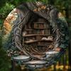 Vintage Tree Bookshelf Metal Wall Art, Round Aluminum Sign for Living Room Home Office Decor
