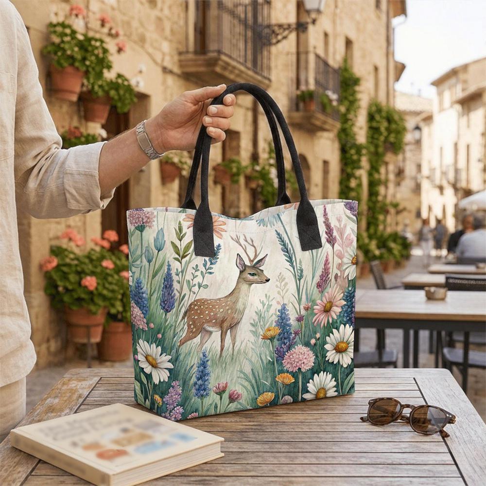 Cute Deer Floral Printed Casual Canvas Tote Bag for Daily Use