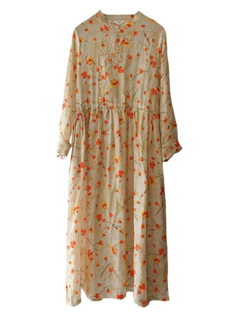 Johnature Kvinner Vintage Shirtdress Print Floral Stand Langermet Spring Button A-Line kinesisk stil Kjole