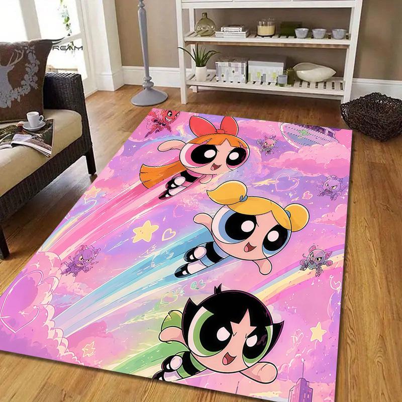 The Powerpuff Girls Flannel Pattern Square Carpet,Area Rug,Carpet Rug for Living Room Bedroom Sofa Playroom Decor,Non-slip Floor Mat