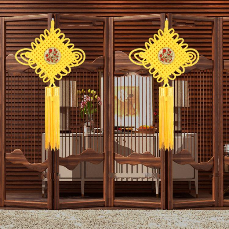 Handmade Yellow Tassel Chinese Knot Pendant for New Year: Fu Character Hanging Ornament for Entrance or Living Room, Available in Large and Small.