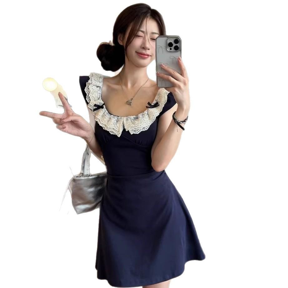 Xiaofei Sleeve Lace Splicing Waist A-shaped Skirt Vest Short Skirt Spice Girl Sexy and Thin Waist Summer Suspender A-shaped Skirt