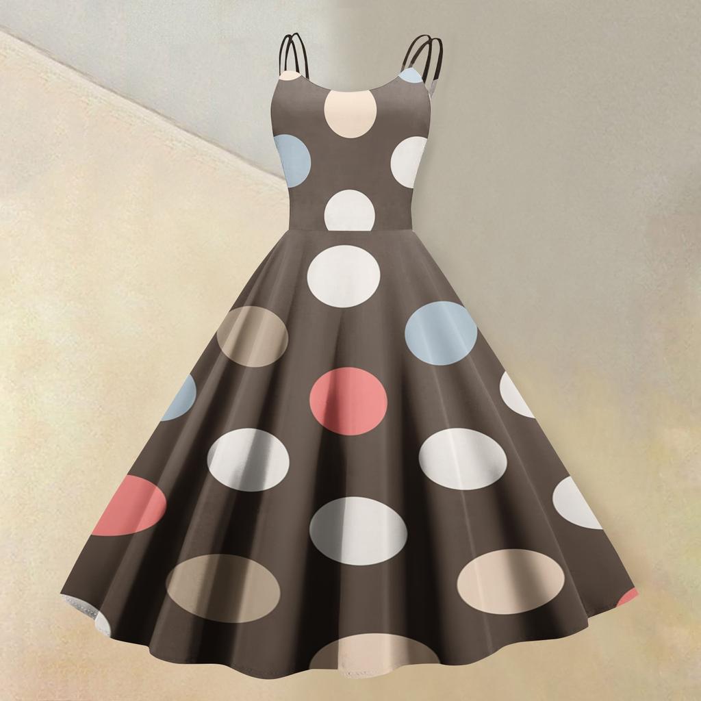Women Sleeveless Polka Dot Print Dress Round Neck Vintage Style Fit Flare Midi Dress with Double Straps
