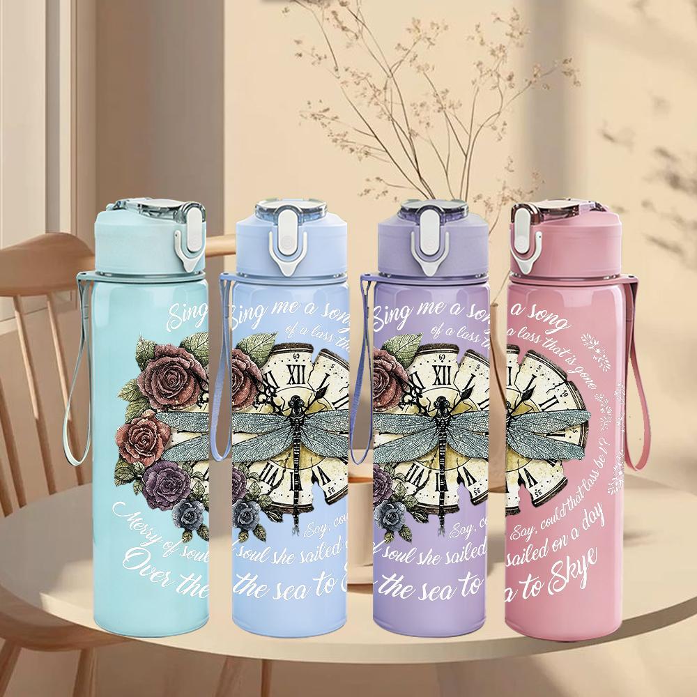 1PC Floral Dragonfly Vintage Round Art Print 750ml Portable Sports Water Bottle Leakproof Gym Outdoor Travel Drink Cup