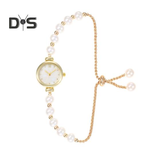 

Женские часы с браслетом из искусственного жемчуга, регулируемый ремешок, круглый циферблат со стразами, женские повседневные наручные часы для торжественного платья, кварцевые модные ювелирные изделия, аксессуары золотистый