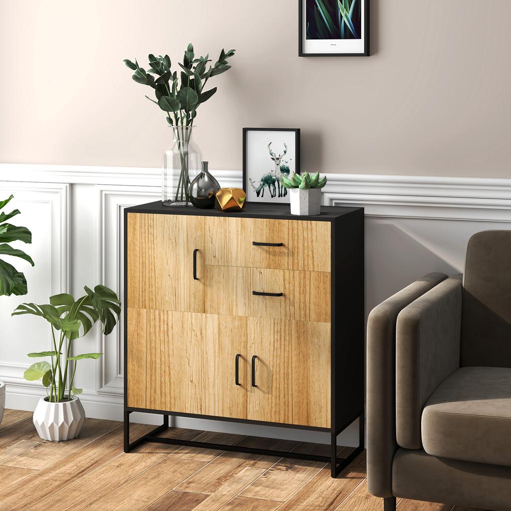 Modern Storage Sideboard with 3 Cabinets and 2 Drawers, Multipurpose Cabinet in Particle Board and Steel, 80x35x85 cm, Black and Wood