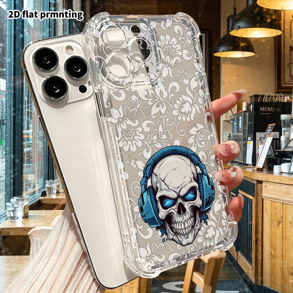 Phone Case: 2D Flat Suitable for iPhone 18 17 16 15 14 13 Pro, Transparent Corner Protection Case, Glowing Skull, Christmas and Halloween Gift