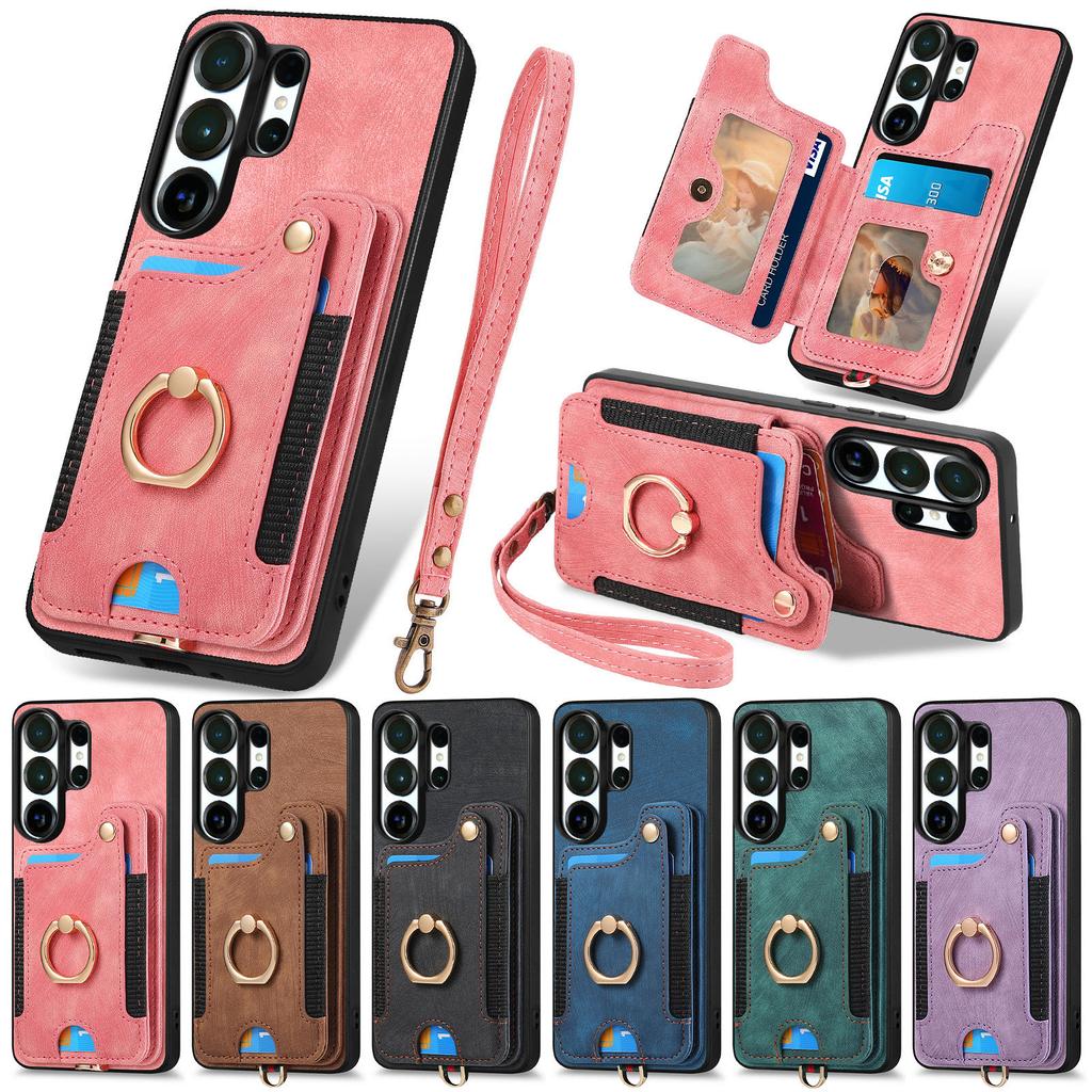 Ring Holder Cards Solt Leather Wallet Case For Samsung S25 Ultra S24 Plus S23 A16 A17 A07 Magnetic Kickstand Pocket Strap Cover