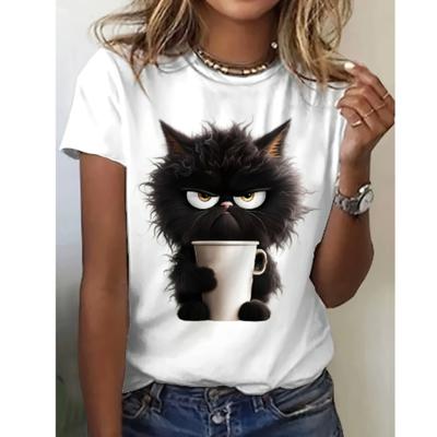 Μπλουζάκι με στάμπα γάτας, casual, κοντομάνικο, με στρογγυλή λαιμόκοψη, τοπ για άνοιξη/καλοκαίρι, γυναικεία ρούχα