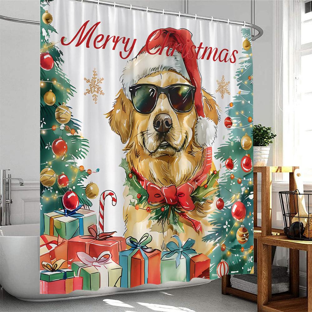 Christmas Shower Curtain Dogs with Xmas Hat Winter Holiday Red Truck Pine Tree Snow Scenery Bathtub Decor Polyester Bath Curtain