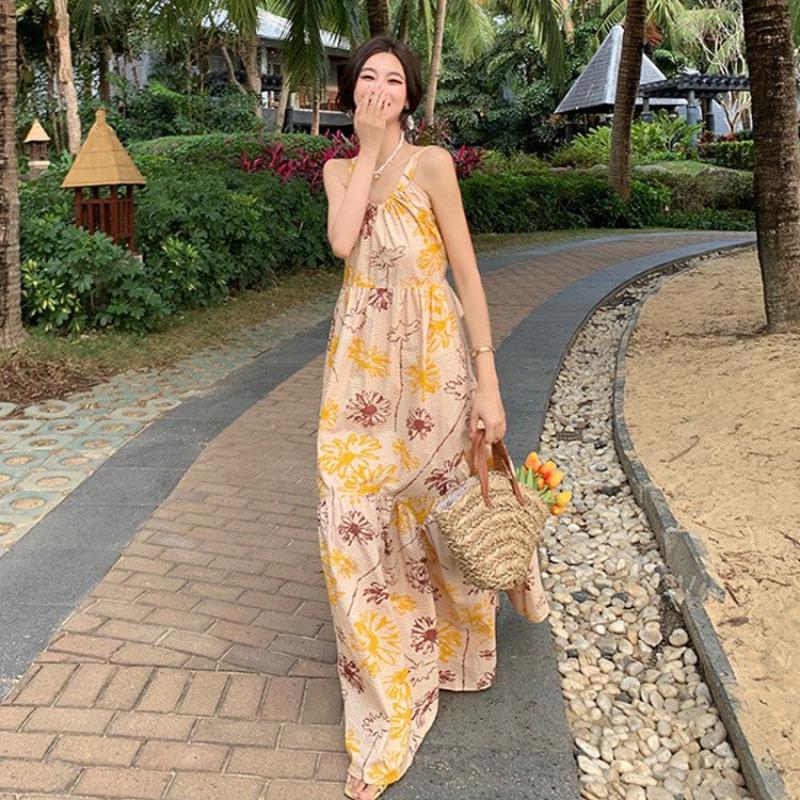 Printed Suspender Halter Bow Japanese Vacation Seaside Dress Feeling Loose Big Skirt Beach Skirt Summer