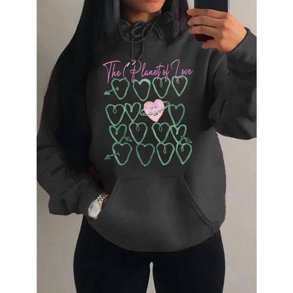 Der Planet der Liebe Kreatives Herz Bedruckter Damen Hoodie Street Pocket Y2K Streetwear Fleece Kapuzenpullover Lässig Mehrfarbig Pullover