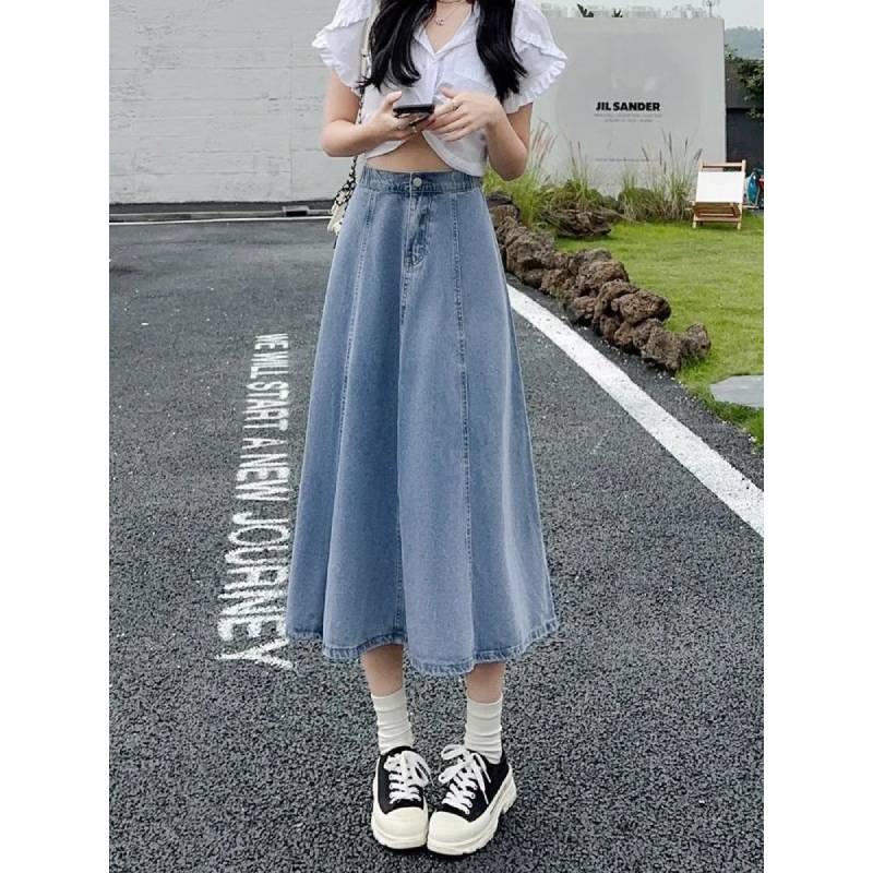 Womens Light Blue High Waist Denim Skirt With Button Splicing For Casual Spring Summer Wear
