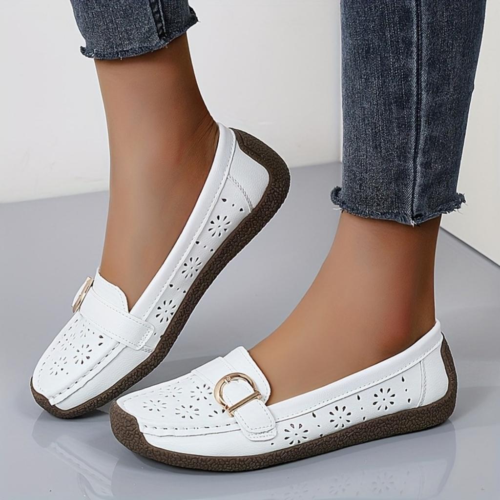 Ladies' Breathable White One Foot Loafers - Gold Buckle, Lightweight Casual Summer Shoes, Comfortable Daily Wear, Fashionable and Durable