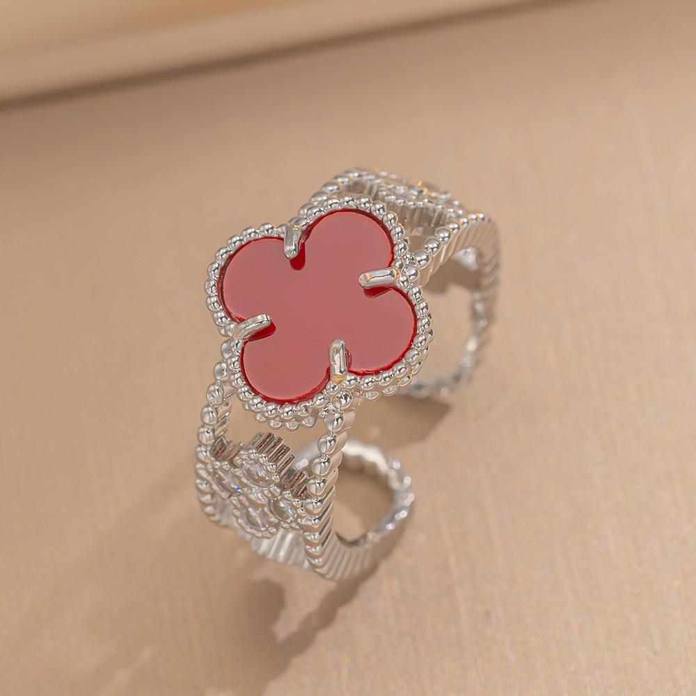 Fashion Ring Senior Sense of Light Luxury Four-leaf Clover Zirconia Ring Female Retro Opening Adjustable Ring