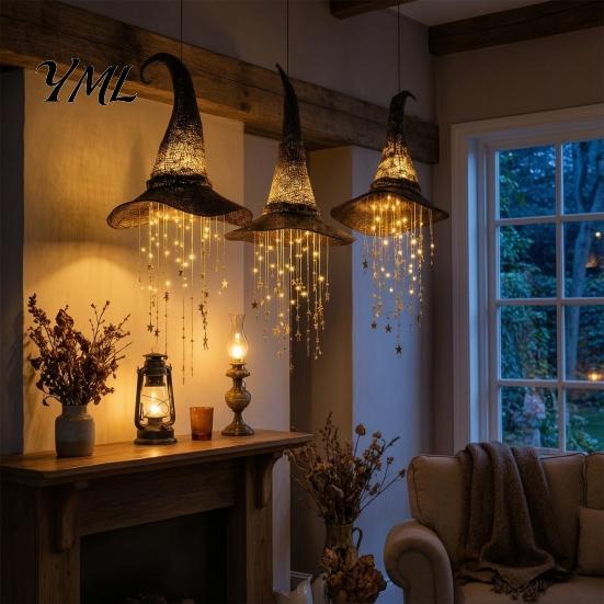 Seasonal Party Decorations Lighted Witch Hat Hanging Halloween Decor, LED Glowing Wizard with Lights Star Tassel Garland, Indoor Outdoor Porch Ceiling