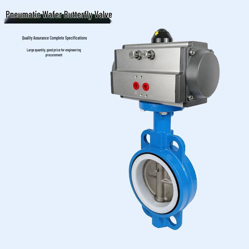 Pneumatic PTFE Butterfly Valve, 304 Valve Plate, Wafer Type, Ductile Iron Body, Sizes DN100, DN200, DN300.