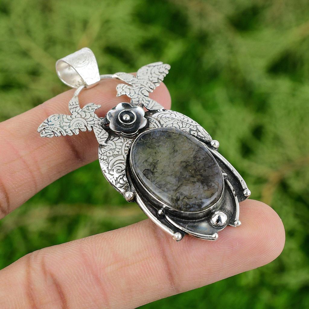Daughters Day Deal 925 Silver Solar Moss Agate Gemstone Wife New Pendant Jewelry