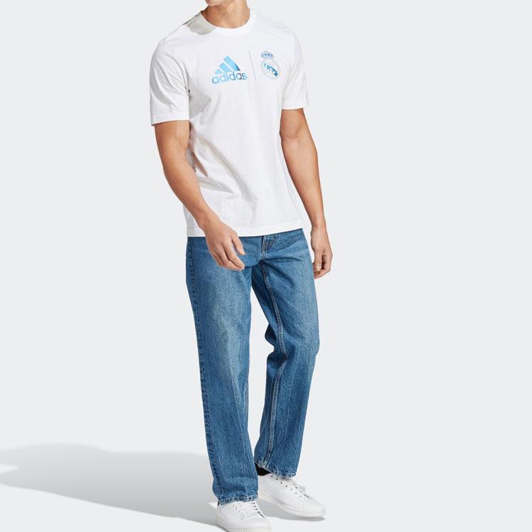 Adidas تي شيرت جرافيك ريال مدريد رياضي ثقافي رقبة مستديرة كم قصير قمم رجالية أبيض HT6463