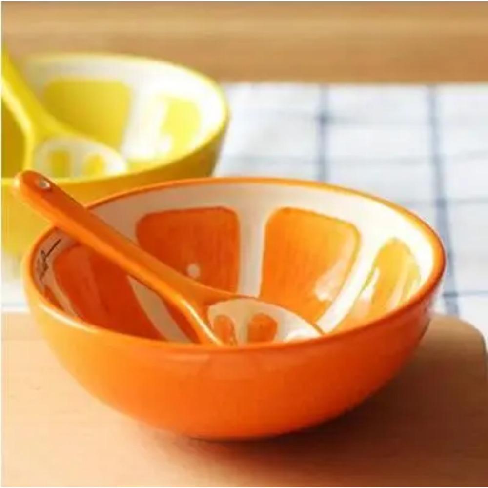 Ceramic Creative Fruit Bowl, Cute Household Tableware, Hand Painted Watermelon Bowl, Strawberry Orange Bowl, Ceramic Bowl Spoon