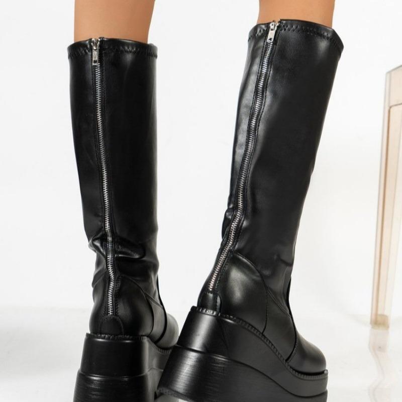 Thick heel long tube heightening boots women's new knee boots spring high heel knight boots thick sole thin boots