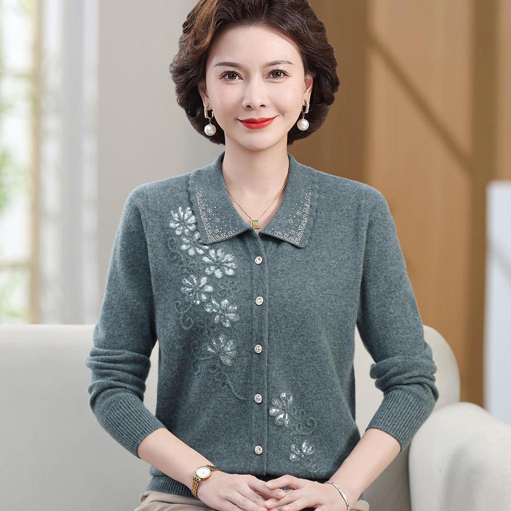 Luxury 100% Pure Wool Embroidered Cardigan for Mothers and Grandmothers - Mid-aged & Elderly Women's Lapel Sweater