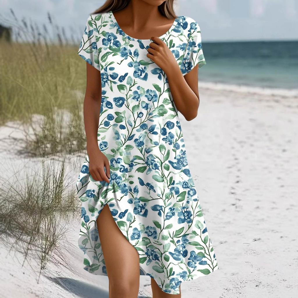Women's Summer Short Sleeve Round Neck Floral Print Bohemian Dress With Pockets