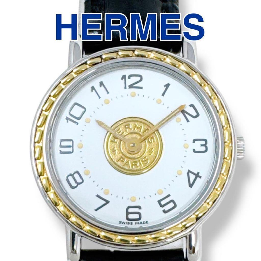 Used HERMES Serie Combi Gold Leather Belt Leather White Dial Quartz QZ Ladies Watch Brand Good Condition Working