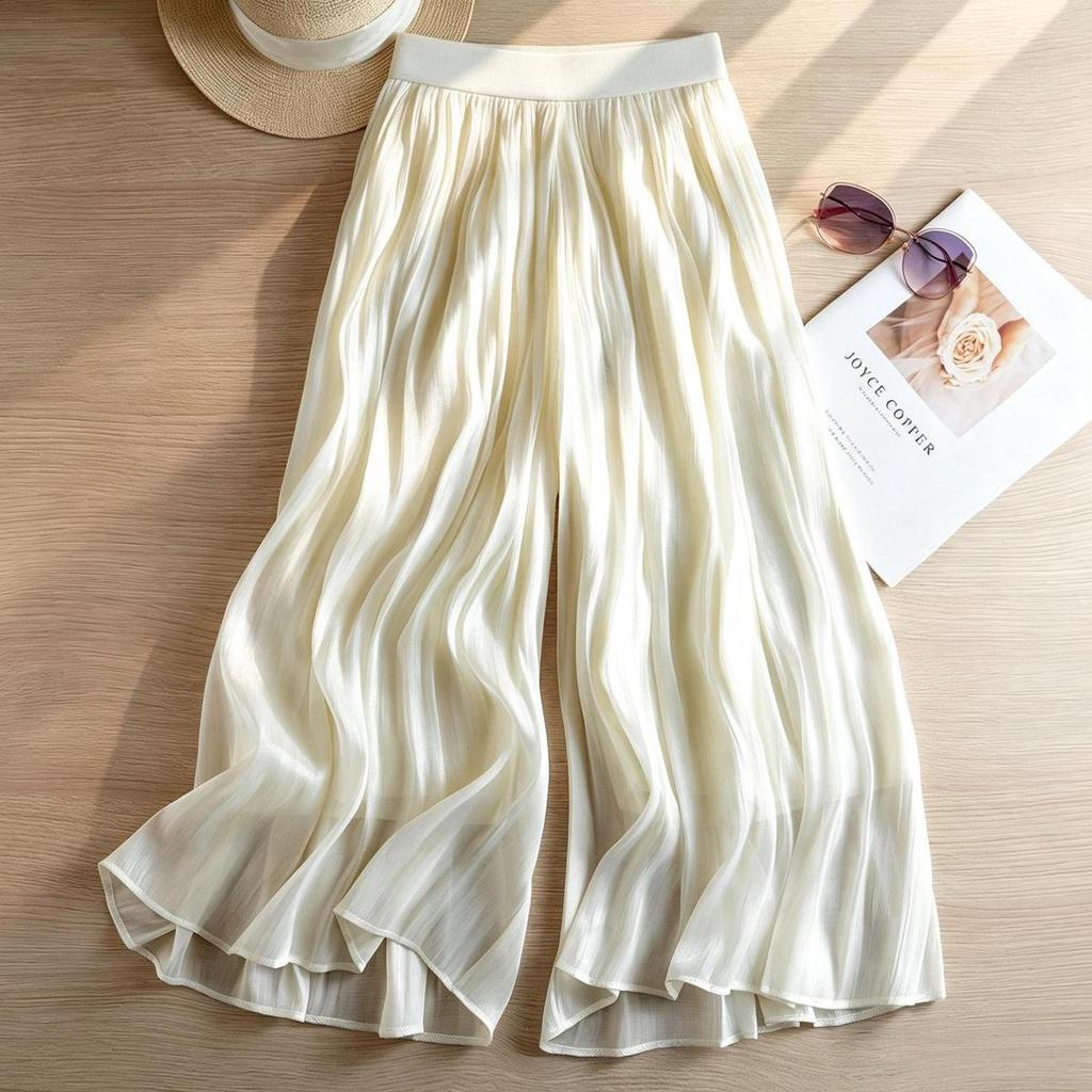 Damen Elastische Hohe Taille Schimmernde Falten Weiter Bein Verkürzte Hosen Fließende Durchsichtige Chiffon Caprihosen Leichte Sommerurlaub Lässige Lockere Hosen